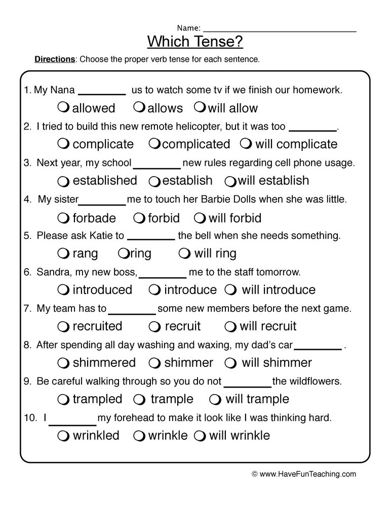 Verb Tense Worksheets 3rd Grade Verb Tenses Fill In the Blank Worksheet