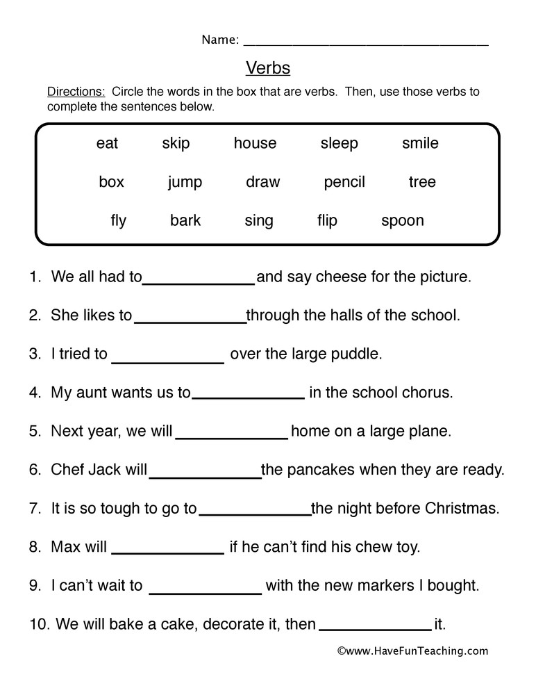 Verbs Worksheet First Grade Fill In the Blanks Verb Worksheet