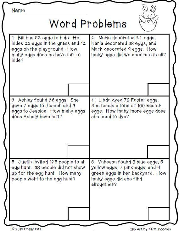 Word Problems Worksheets 1st Grade Easter Math Freebie